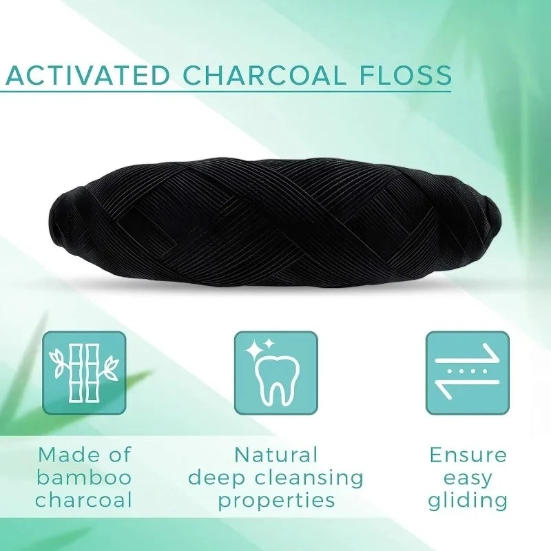 30M Vegan Biodegradable Bamboo Charcoal Dental Floss with Refillable Glass Holder Mint Flavored Tiny Floss (Black,White)