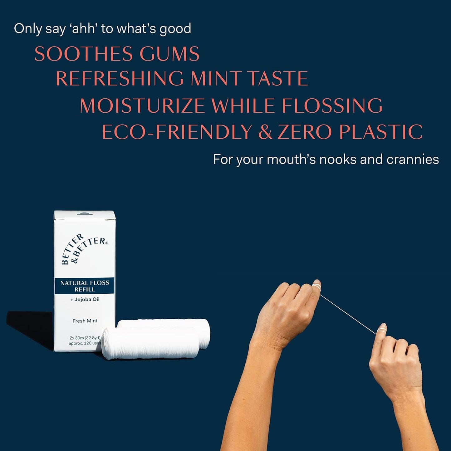 Natural Dental Floss Refill Pack | Waxed & Zero Plastic Oral Care - 100% Plant-Based, Vegan, Eco and Non Toxic Dental Floss, 2 Spools