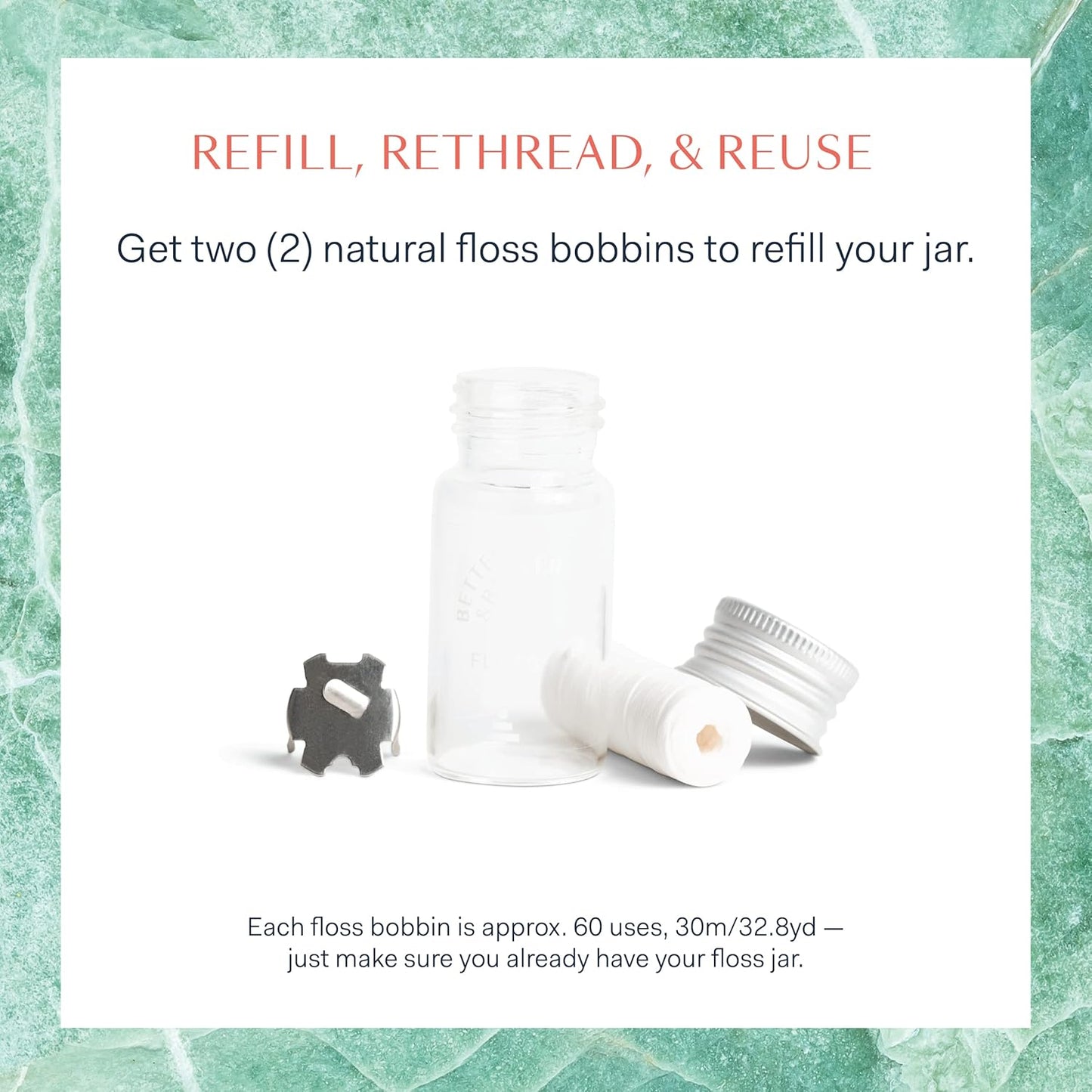 Natural Dental Floss Refill Pack | Waxed & Zero Plastic Oral Care - 100% Plant-Based, Vegan, Eco and Non Toxic Dental Floss, 2 Spools