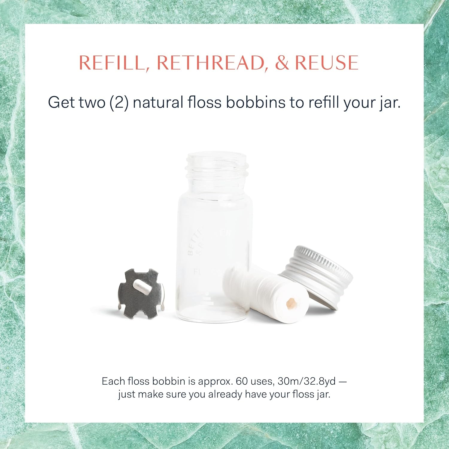 Natural Dental Floss Refill Pack | Waxed & Zero Plastic Oral Care - 100% Plant-Based, Vegan, Eco and Non Toxic Dental Floss, 2 Spools